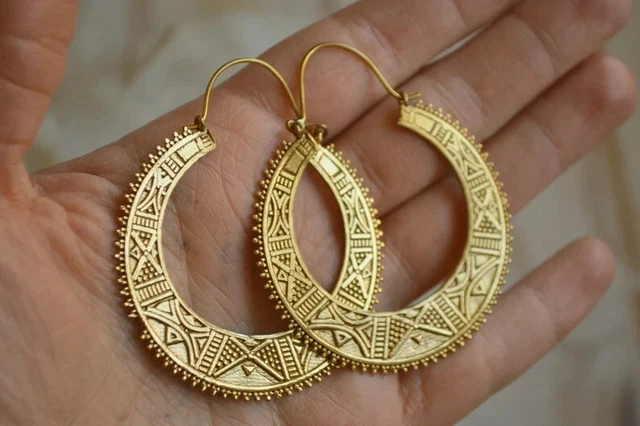 Gold Plated Mandala Vintage Tribal Brass Hoop Designer Earrings Free Shipping