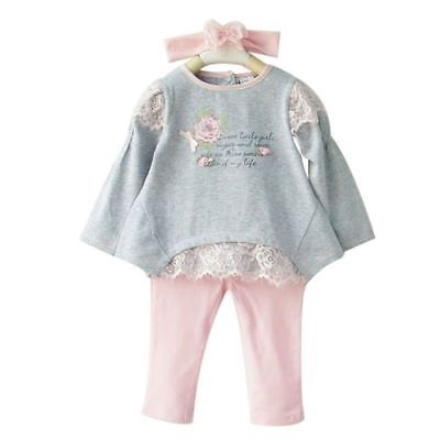 New Pink Leggings Grey Top Baby Girl Outfit Lace Infant Party Kids Clothes UK