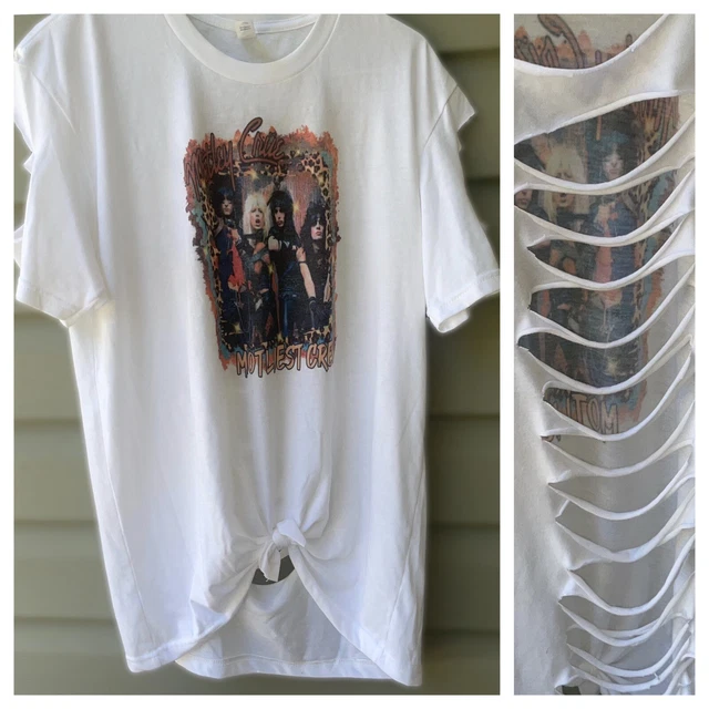 Vintage Womens Motley Crue Next Level Apparel White Distressed Tie Front Band T Vintage Womens Motley Crue Next Level Apparel White Distressed Tie Front Band T