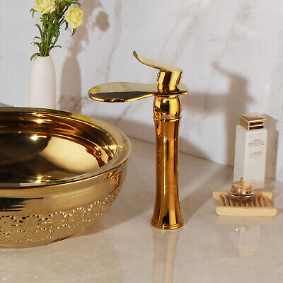 Gold Waterfall Spout Bathroom Basin Vessel Sink Mixer Faucet Single Handle Taps