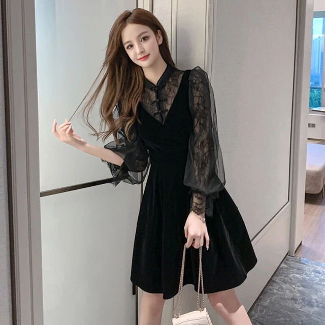 Donna Velluto Abito Punk Gotico Pizzo Puff Maniche Svasato Corto Lolita Festa