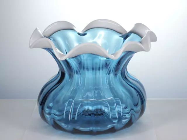 Hand blown Victorian blue glass vase, milk glass ruffled rim, pontil marked base 3