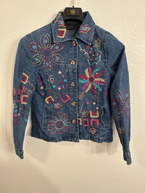 New Direction Denim Jacket Womens Small Floral Sequin Embroidered Pockets