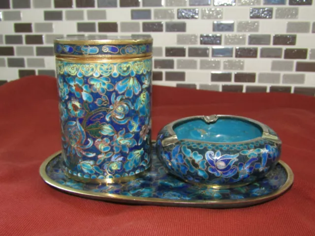 Service A Fumatori Cina Xixème, Plateau, Vaso, Posacenere Bronzo IN Cloisonné