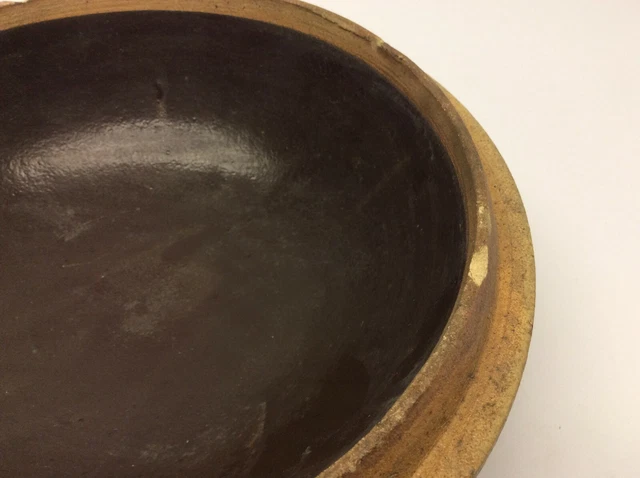 Antique Stoneware Large Handmade Brown Glazed Interior Crock Top Lid Cover 9