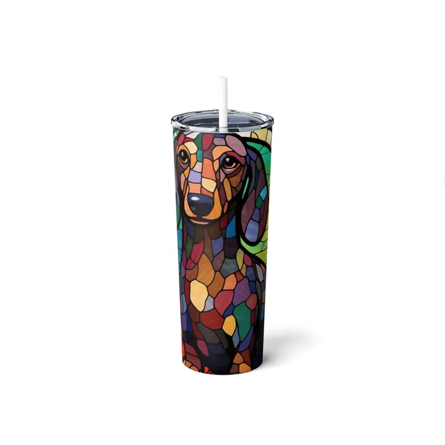 Dachshund Stained Glass Skinny Steel Tumbler with Straw, 20oz