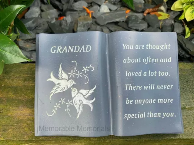 Grandad - Memorial Slate Grey Dove Book Diamante Flower Graveside Plaque Tribute