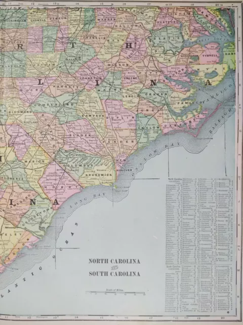 Vintage 1901 NORTH & SOUTH CAROLINA Map 22"x14" ~ Old Antique Original NC SC 3