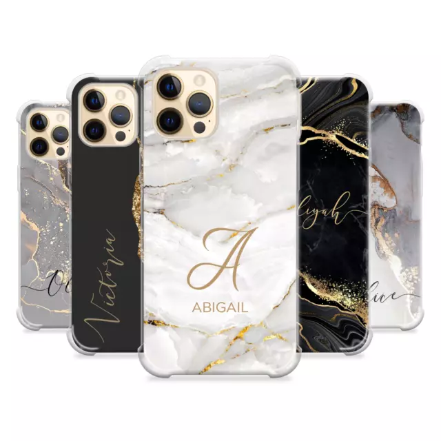 Personnalisé Téléphone Étui Noir / Argent Marbre Nom Silicone Housse Apple