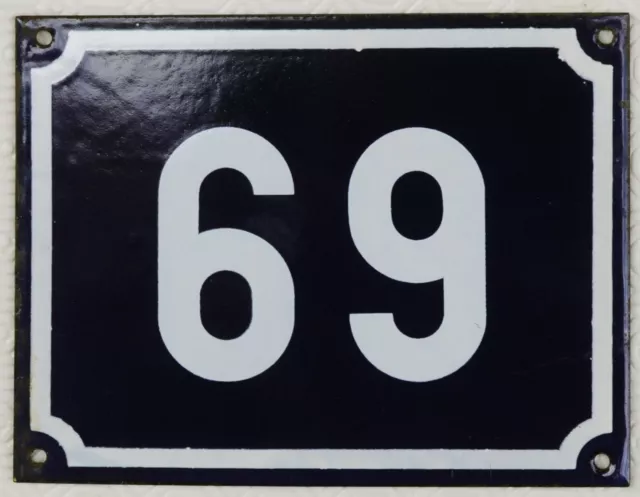 Large old blue French house number 69 door gate plate plaque enamel sign NOS
