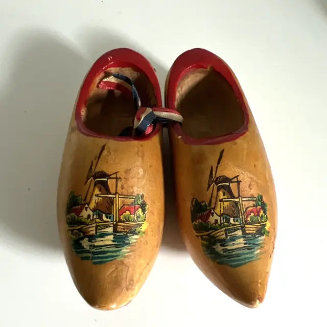 Vintage Hand Carved Wood Wooden Dutch Small Shoe Clogs Windmill Souvenir Holland