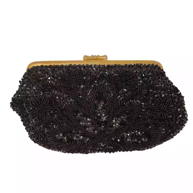 Vintage Black Beaded & Sequin  Gold Trim Small Clutch Purse-party- wedding