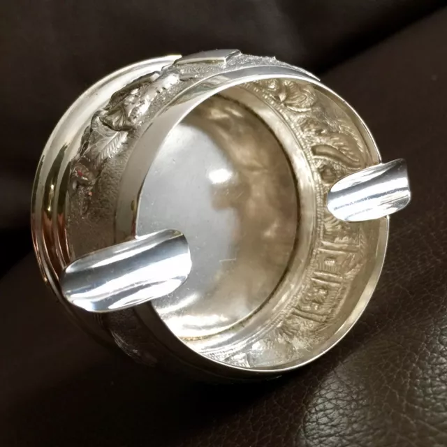 Marvellous Heavy Antique Ornate Oriental Solid Silver Ashtray (3”/8cm, 102.5g) 3
