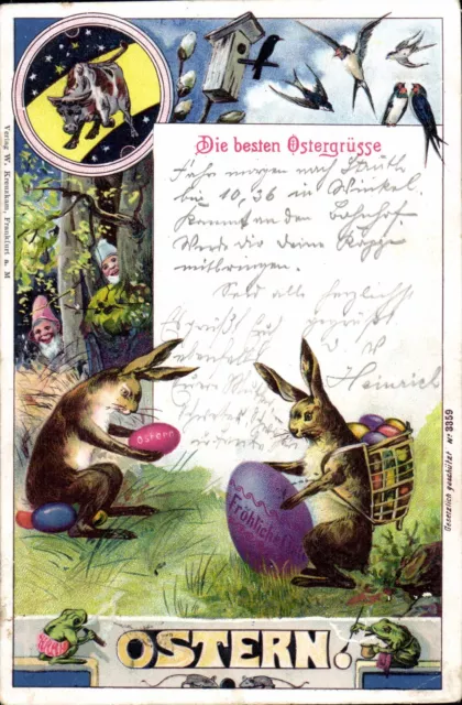 (74048) OSTERN - Litho, Hasen bemalen Eier, Zwerge hinterm Baum 1900