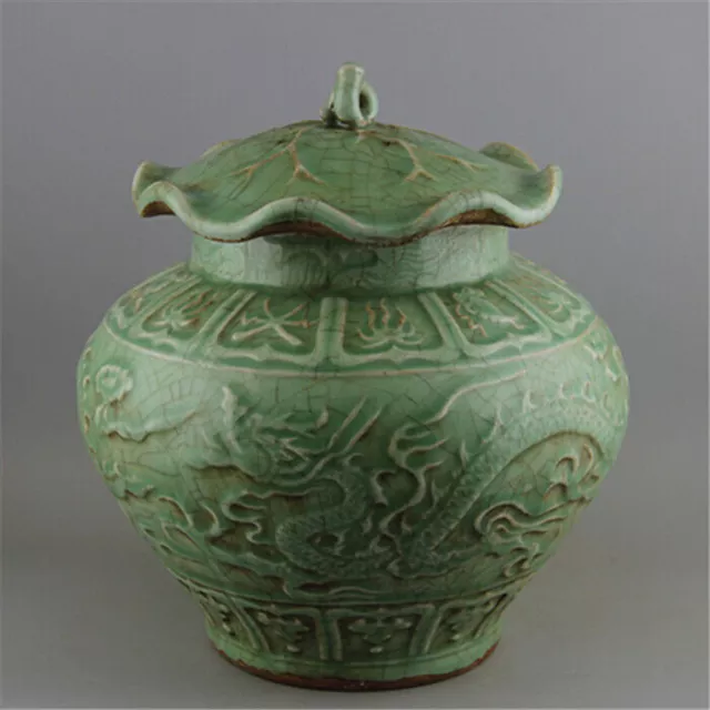 Chinese Song Longquan Celadon Porcelain Carved Dragon Lotus Shape Pot Tea Caddy