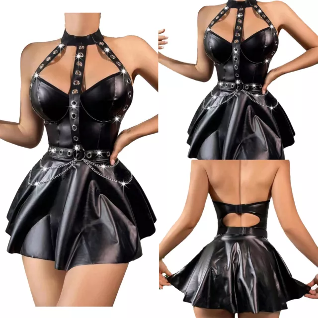 Damen Leder rückenlos A Line Kleid ärmellos Gothic Punk Mini Kleid Clubwear