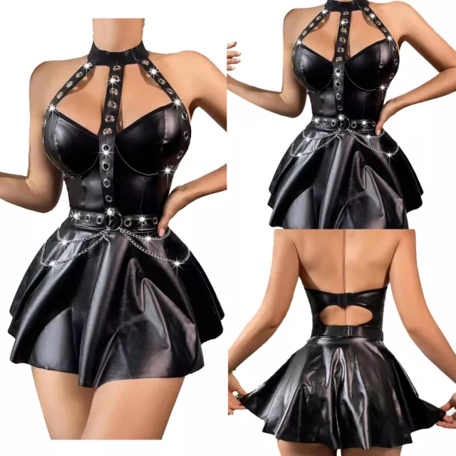 Women's Leather Backless A Line Dress Sleeveless Gothic Punk Mini Dress,Clubwear