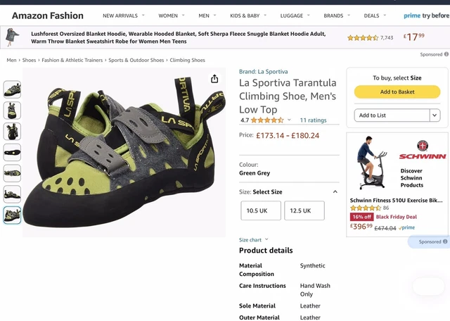 la sportiva Tarantula friXion Mens climbing shoes, Uk/12  Eur/47 USA 13.