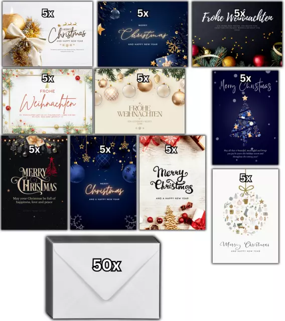 Weihnachtskarten Set 50 Stück mit 50 Umschlägen, DIN A6, Grußkarten, Postkarten
