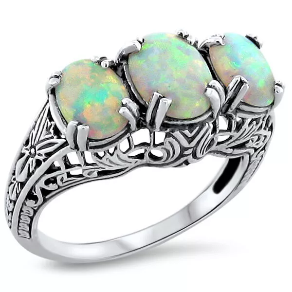 Classic Style Three-Stone 925 Sterling Silver Lab-Created Opal Ring         214X