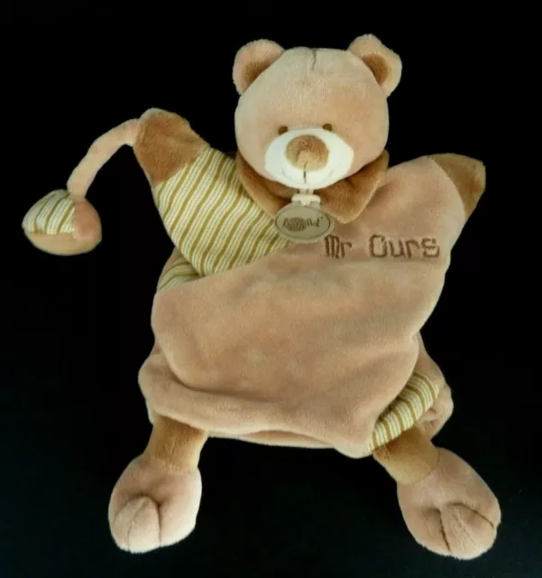 *. Doudou Plat Marionnette Baby Nat Mr Ours Marron Beige Raye Balle - Etat Neuf*