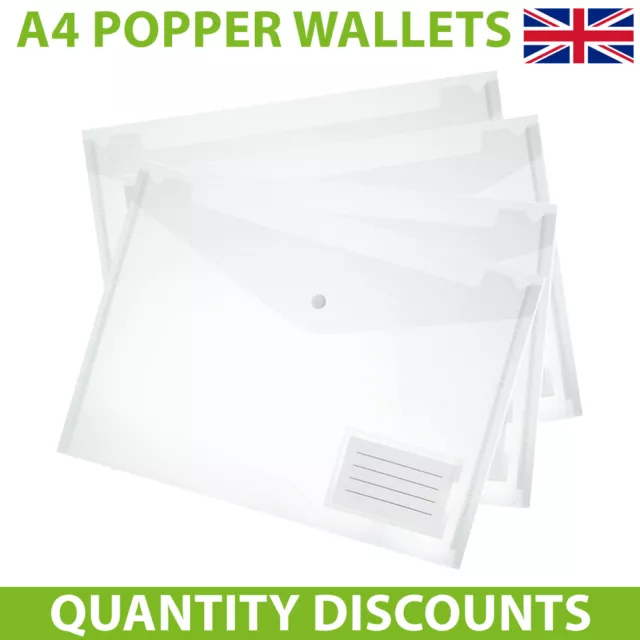 A4 Popper Wallet Clear Plastic Document Folder With Card Id Stud Holder Files