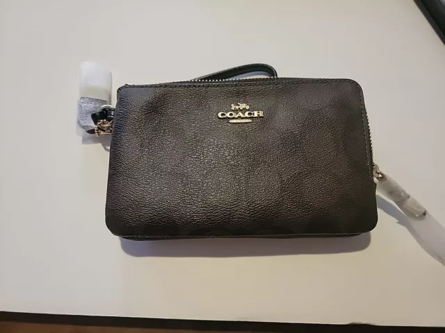 COACH F87587 DOUBLE ZIP PEBBLE LEATHER Brown Logo WRISTLET WALLET