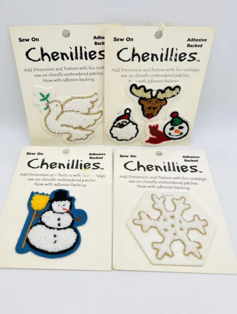 Chenille Embroidered Sew On Patches Christmas Lot of 4 Snowman Santa Dove New