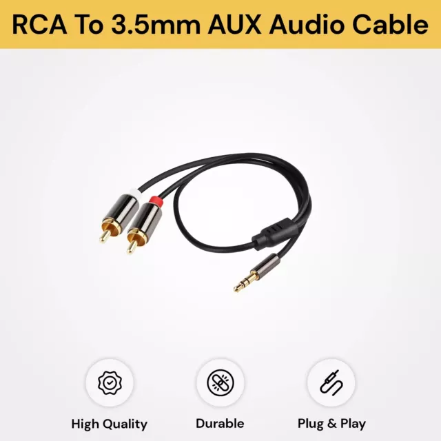 3.5mm Male To 2 RCA M/M Y Cable Aux Jack Premium Gold Plated DVD TV Audio Stereo