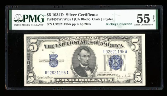 DBR 1934-D $5 Silver Fr. 1654Wi Wide I UA Block PMG 55 EPQ Serial U92621195A