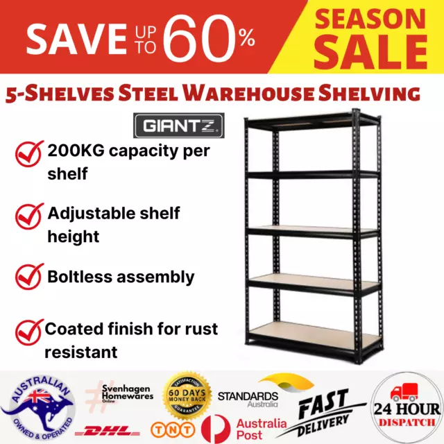 1.8M 5-Shelves Steel Warehouse Shelving Racking Garage Storage Rack Black