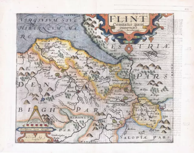 1607 - RARE 1st Edition Original Antique Map FLINTSHIRE WALES Saxton Kip/Hole
