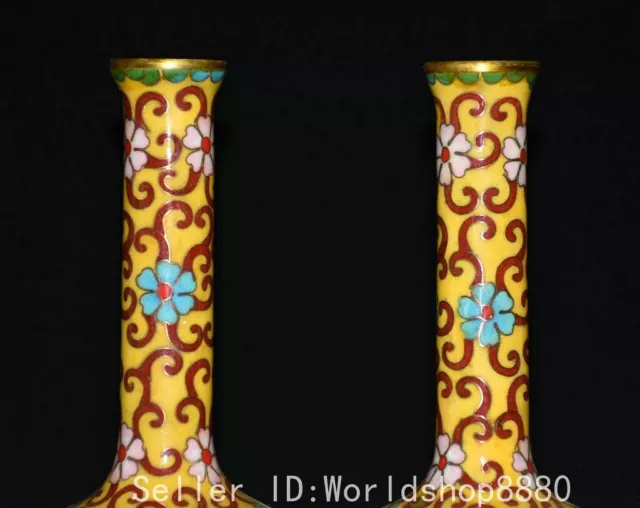 6.6" Old Chinese Pure Copper Cloisonne Gilt Fengshui Flower Big Belly Vase Pair 3