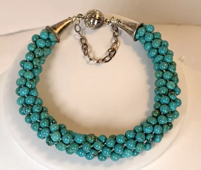 Turquoise Woven Ball Bead Bracelet with Sterling Silver 925 & Magnetic Clasp
