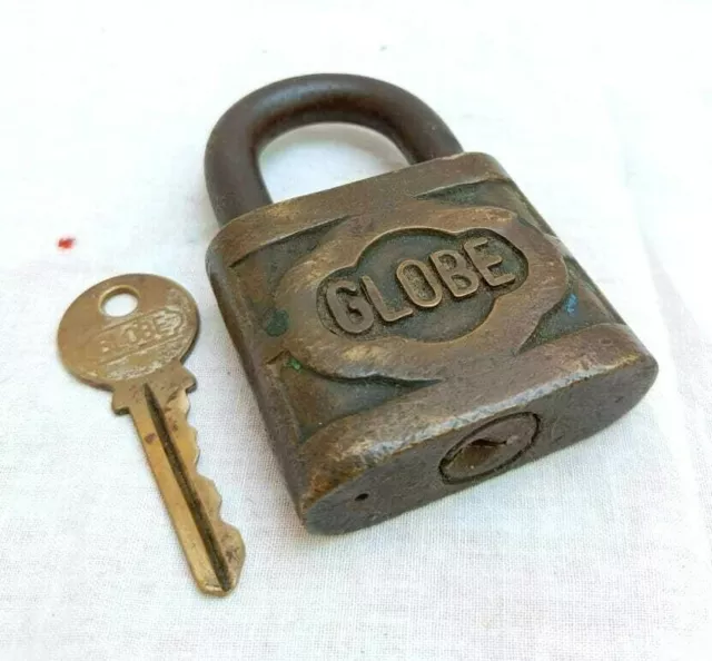 Old Antique Vintage Fine Globe Word Embossed Strong Brass Lock , Collectible