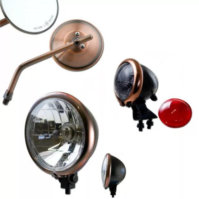 SET Hauptscheinwerfer + LED Rücklicht + Spiegel Retro Schwarz Kupfer E-geprüft