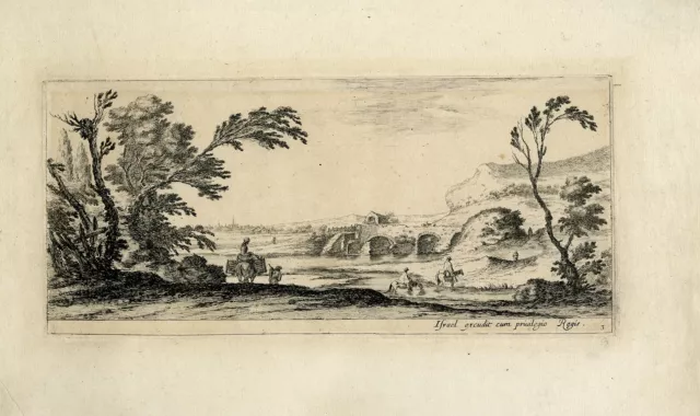 Antique Master Print-LANDSCAPE-HORSE-RIDING-BRIDGE-Della Bella-ca. 1640