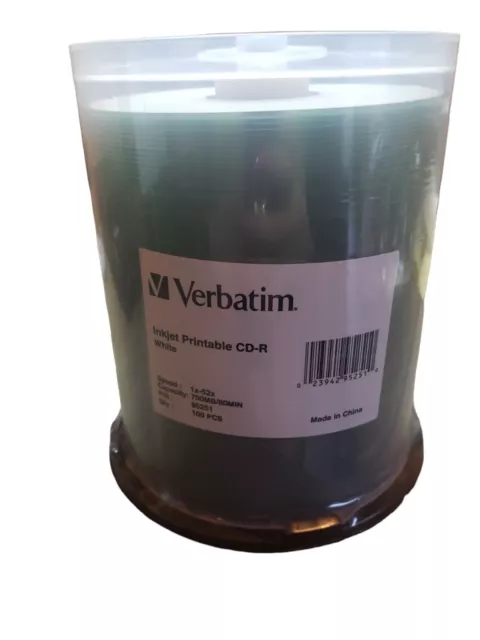Verbatim CD-R 700MB 52X White Inkjet Printable Disc, 100/Pack, 95251