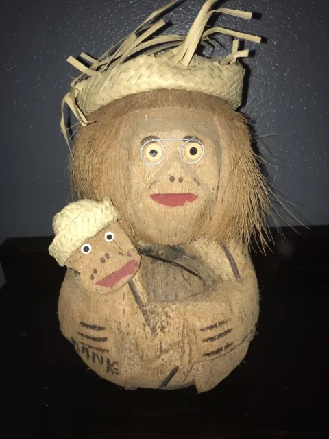 Hand Carved Tiki Souvenir Coconut Monkey Bank with Baby