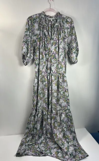 Anthropologie Pinch Olive Green Floral V Neck Midi Ruffle Dress Womens Size M