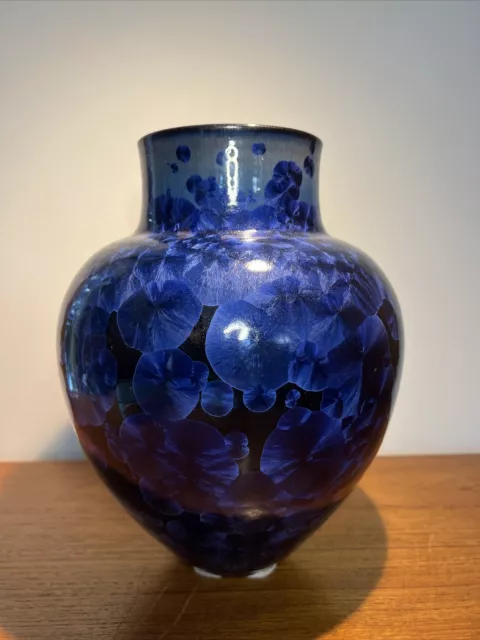 Signed Pottery Cobalt Blue Crystalline Vase Extra Large Porcelain 10” Tall 2