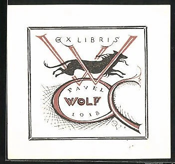 Exlibris von Vaclav Rytir für Pavel Wolf, Pferd & Jahreszahl 1918