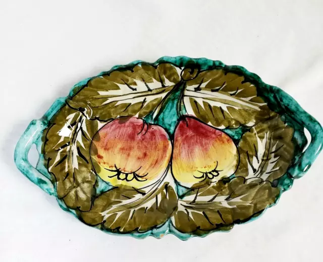 Art Pottery Hand Painted fruit Trinket Dish Tray Wall Decor Signed 9in vintage