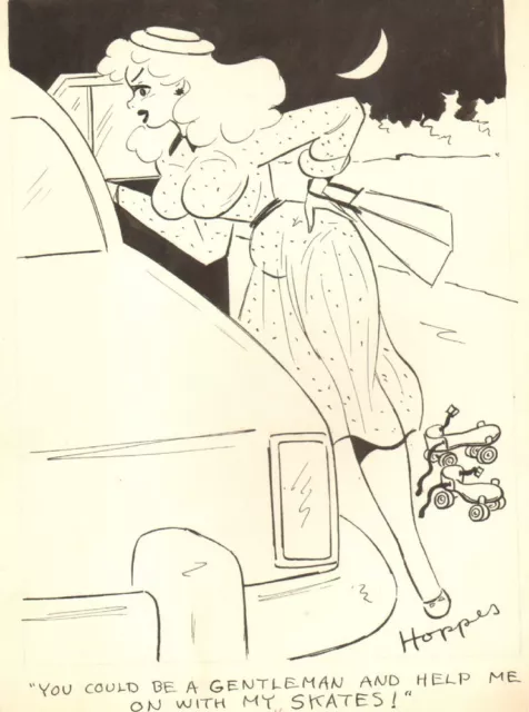 SUPER CUTE BABE w/ Skates Gag - Humorama 1955 art by Lowell Hoppes