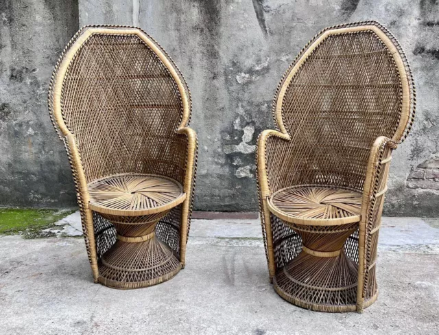 Coppia Di Poltrone In Vimini Rattan Bamboo Vintage Anni '60 Giardino Peacock