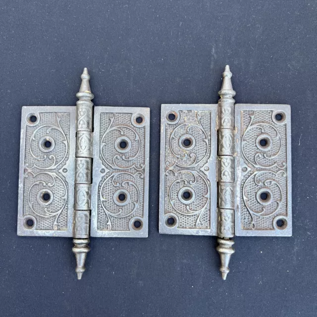 Pair Antique Cast Iron Ornate Victorian Vine Steeple Tip Door Hinge 5”x5”