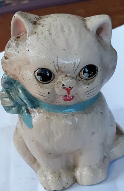 Cat HUBLEY cast iron White Cat bank  with blue bows  original paint 5" 1920 nice