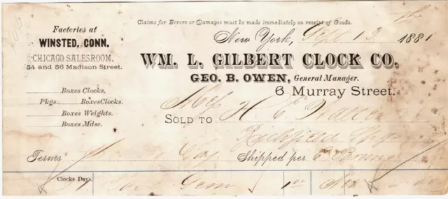 Wm. Gilbert Clock Co. NY - Sold To H. E. Walter & Co. April 19, 1881