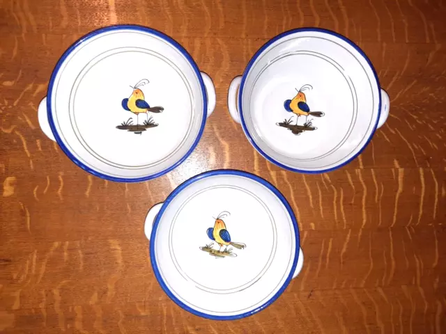 Set of 3 Deruta Italy Majolica Pottery 2-Handled 7" Soup/Cereal Bowls, Uccello