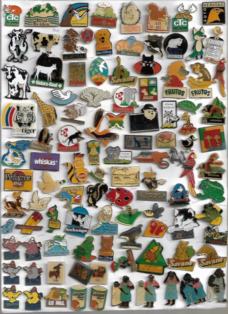 lot de 104 pin's animaux : oiseaux,chats,chiens,éléphants,singes......